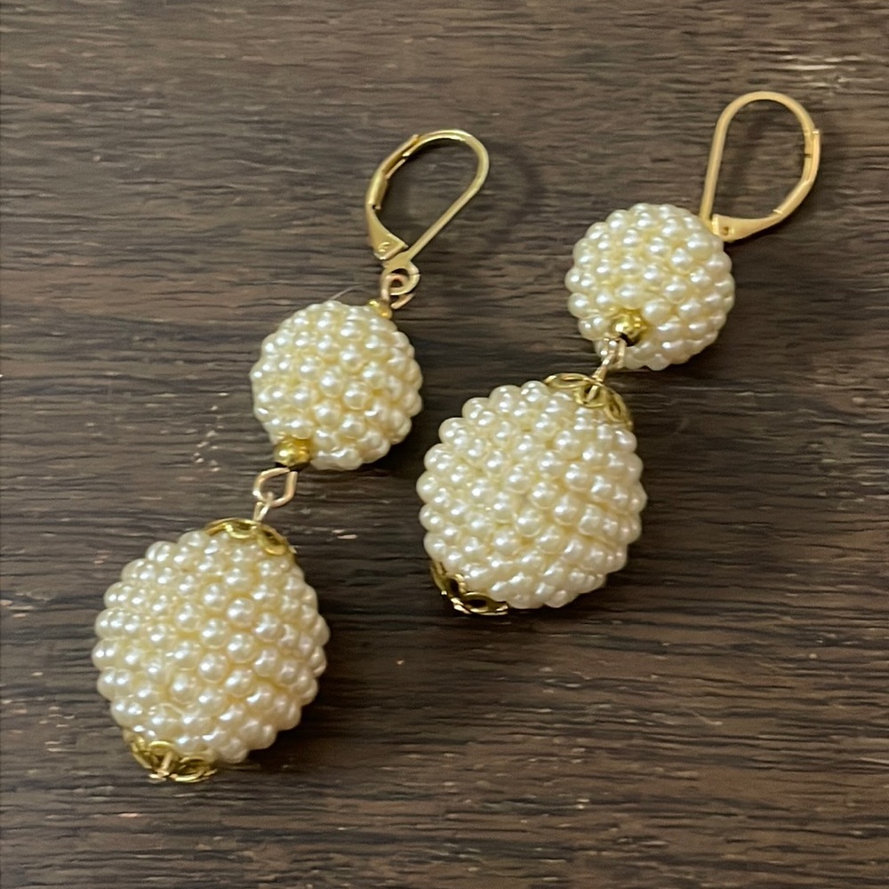 1928 Double Seed Bead Faux Pearl Drop Ball Earrings